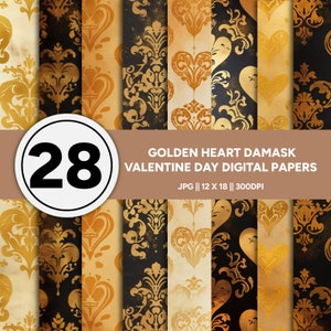 Luxurious Gold Heart Damask Digital Papers | DIY Crafts, Card Making, and Scrapbooking