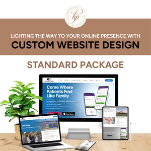 May include: A website design package for businesses. The image shows a desktop computer, laptop, tablet, and smartphone displaying a website design with the text "Come Where Patients Feel Like Family".