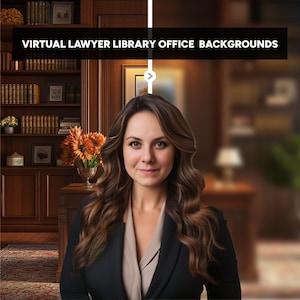 May include: A woman in a black blazer stands in front of a virtual lawyer library office background. The background features a wooden bookshelf filled with books and a wooden desk with a lamp.