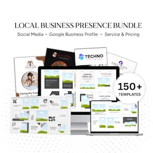 May include: A digital marketing bundle with the text "LOCAL BUSINESS PRESENCE BUNDLE". The image includes a computer monitor and laptop displaying templates, along with various business logos and the words "150+ TEMPLATES".