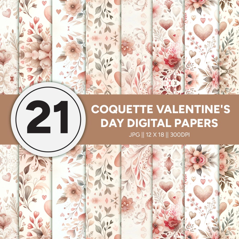 Love Blooms: Valentine's Day Coquette Digital Papers Pink Passion Collection Scrapbooking Paper Designs Junk Journal Paper image 1