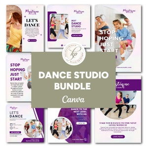 Puede incluir: Un collage de imágenes coloridas que promocionan un estudio de danza. Las imágenes muestran bailarines de diferentes edades y estilos, con texto que dice "Dance Studio Bundle" y "Canva".