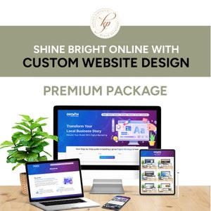May include: A mockup of a website design package for local businesses. The website design is shown on a laptop, tablet, and phone. The website design is for a company called "Growth" and features the text "Transform Your Local Business Story".