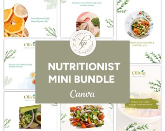 Kit de marca para nutricionistas / Tarjeta de presentación en Canva, plantillas para redes sociales (PDF)