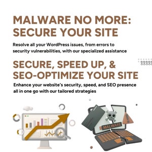 May include: A graphic illustration of a computer with a broken screen and a skull and crossbones icon, representing malware.  The text "MALWARE" is visible on the screen.  A green arrow points upward from a computer screen with a graph showing an upward trend.  The text "MALWARE NO MORE: SECURE YOUR SITE" is at the top of the image.  The text "SECURE, SPEED UP, & SEO-OPTIMIZE YOUR SITE" is in the middle of the image.  The text "Resolve all your WordPress issues, from errors to security vulnerabilities, with our specialized assistance" is below the first text.  The text "Enhance your website's security, speed, and SEO presence all in one go with our tailored strategies" is below the second text.