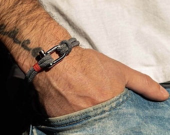 Men's Gray Nylon Bracelet, Sterling Silver Clasp, Nautical Jewelry