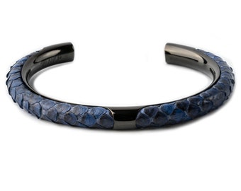 Blue Python Leather Cuff Bracelet, Sterling Silver Plated, Men's Jewelry