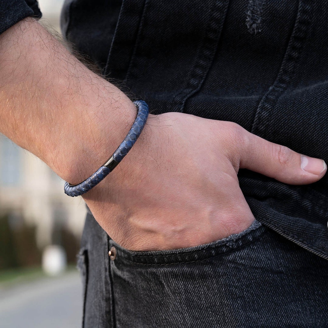 Python Snake Leather, Mens Bracelet, Mens Cuff Bracelet, Blue Cuff ...