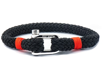 Mens Black Nylon Rope Bracelet, Silver Clasp, Coastal Jewelry
