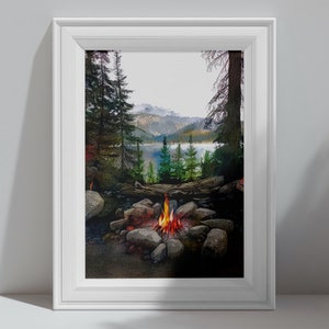 Campfire by the Lake - Fine Art Print from Original Digital Watercolor Artwork