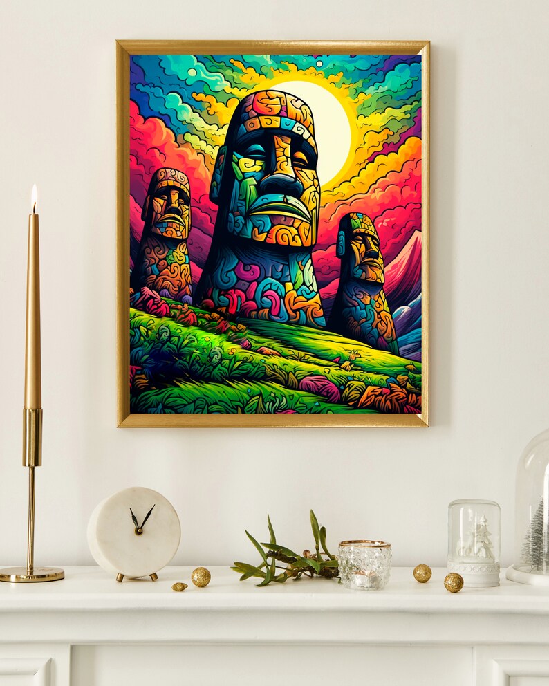 Psychedelic Moais, Digital Art. Printable, Wall Art, Free Commercial