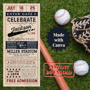 May include: Baseball-themed birthday invitation with text that reads "Celebrate Jackson is turning eight." Includes a baseball bat, two baseballs, a baseball glove, and the words "Instant Download."