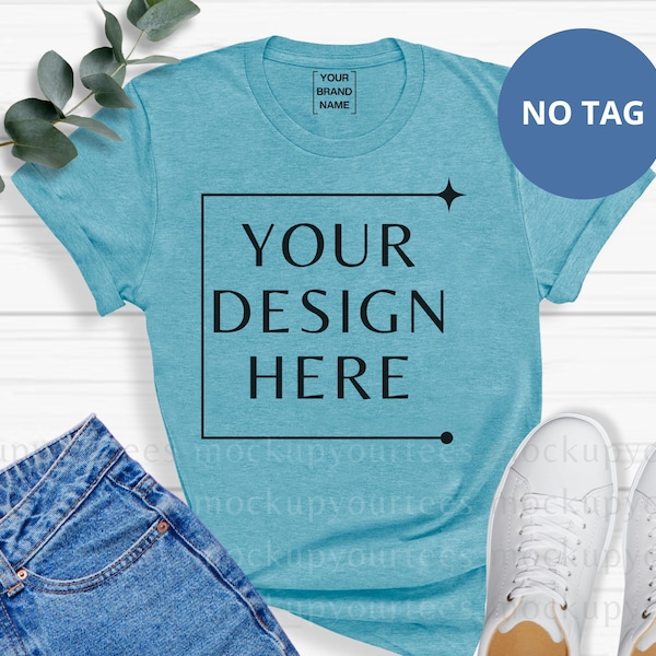 Heather Aqua White Label Bella Canvas 3001 Mockup Tshirt With No Tags Mock up No Brand Tshirt Mock up Private Label T-Shirt Without Tag