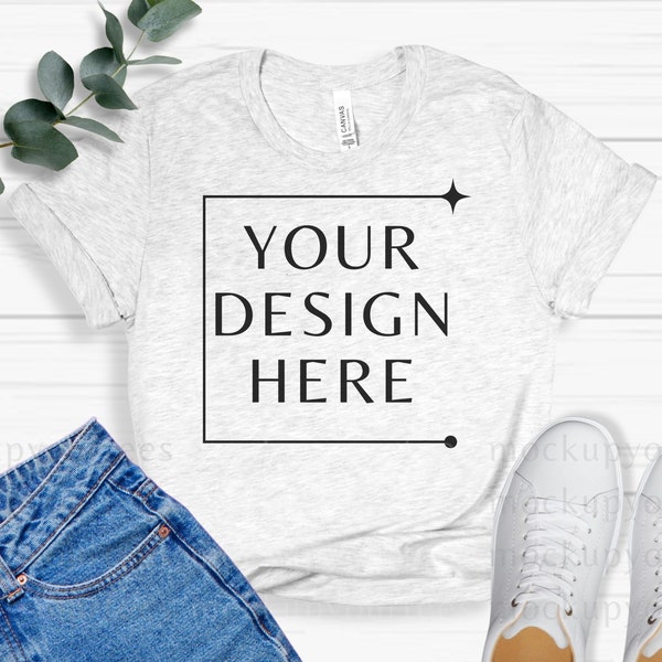 Ash Bella Canvas 3001 T-shirt Mockup Ash Aesthetic Flat Lay Bella Canvas 3001 Tshirt BC3001 T-shirt Women Simple Lifestyle Mockup Flatlay