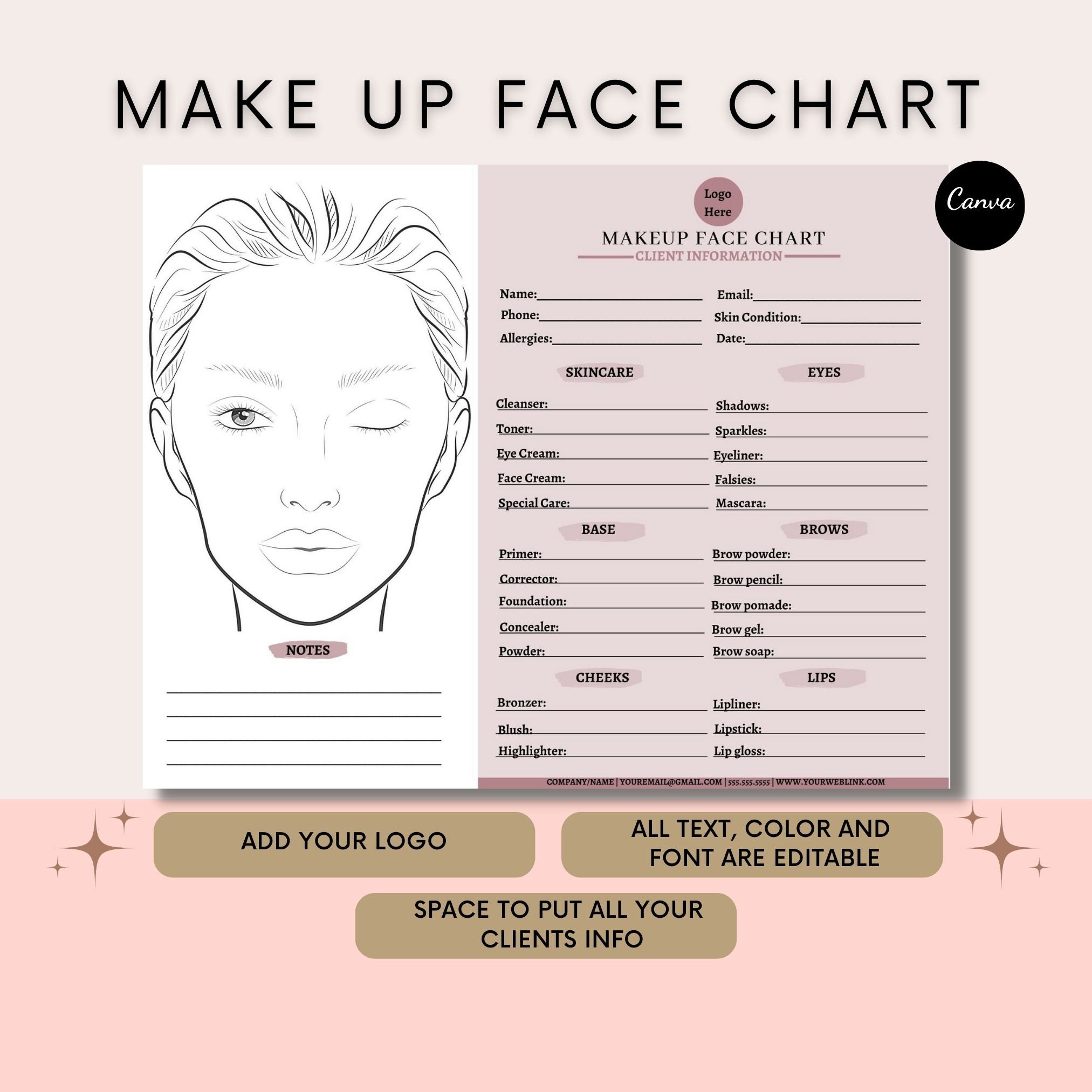Editable Makeup Artist Face Chart: Canva Template (11x8.5" US Letter ...