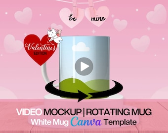 Mockup video di tazza rotante di San Valentino Tazza animata Trascina e rilascia Tazza rotante con cornice Canva Sublimazione POD 11oz Mockup di tazza rotante