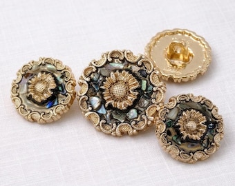 Gold Vintage Floral Buttons Shell Inlay Shank Buttons – Antique Luxury Blazer Coat Jacket Buttons – Decorative Sewing Set of 6 18mm 24mm