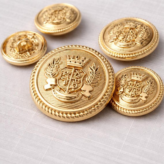 Gold Crest Blazer Buttons, Decorative Metal Buttons for Coat Uniform Jacket, Vintage Military Style Sewing Buttons Set of 10