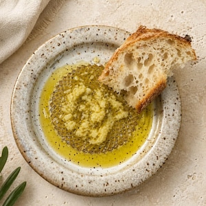 May include: A ceramic plate with a speckled rim holds a pool of olive oil and a garlic mixture. A piece of toasted bread is dipped into the oil. The dish is set on a light-colored surface, suggesting a culinary theme.