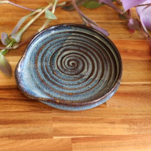 Blue Brown Ceramic Spoon Rest – Handmade Rustic Kitchen Decor, Utensil Holder, Homesteading Style, Artisan Pottery