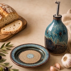 Handmade Olive Oil Bottle & Garlic Grater Set, Bread Dipping Dish, Ceramic Olive Oil Dispenser, Kitchen Gift