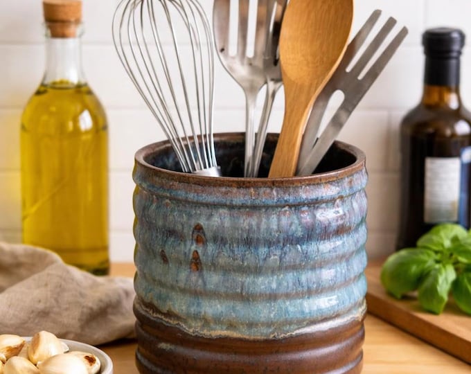 Handmade Ceramic Utensil Holder | Stoneware Kitchen Crock | Pottery Utensil Organizer