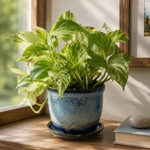 May include: A variegated pothos plant with heart-shaped green and cream leaves potted in a round, glazed ceramic planter. The pot features a gradient of deep blue to light blue tones with a matching circular saucer base for drainage.