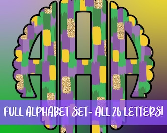 Puede incluir: Un conjunto de 26 letras del alfabeto en estilo monograma con un patrón de Mardi Gras morado, verde y dorado. Las letras están delineadas en negro y tienen un borde festoneado.