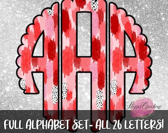 May include: A set of 26 monogram letters in a red and pink abstract pattern with black outlines. The letters are in a circle shape with a scalloped edge. The text "FULL ALPHABET SET - ALL 26 LETTERS!" is at the bottom of the image.