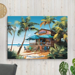 Framed Tropical Canvas Jimmy Buffett Margaritaville Wall Art Caribbean Beach Traveler Gift Buffet Vibes Ocean Tiki Bar Decor Paradise Scene