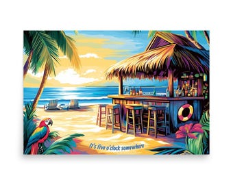 Tropical Tiki Bar Print: Jimmy Buffett Sunset Margaritaville Paradise Scene Poster