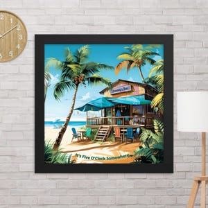 Framed Tropical Poster Jimmy Buffett Margaritaville Wall Art Caribbean Beach Traveler Gift Buffet Vibes Ocean Tiki Bar Decor Paradise Scene