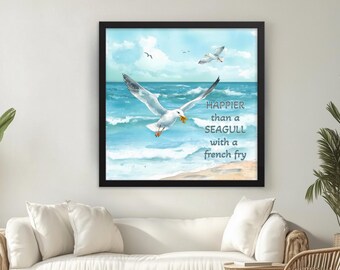 Seagull Ocean Scene Framed Wall Art: Beach House Decor