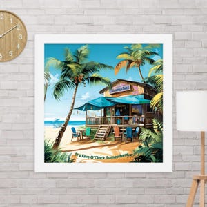 Framed Tropical Poster Jimmy Buffett Margaritaville Wall Art Caribbean Beach Traveler Gift Buffet Vibes Ocean Tiki Bar Decor Paradise Scene