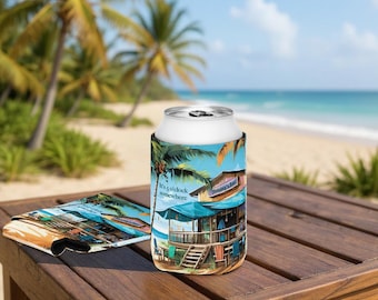 Tropical Can Cooler Sleeve Jimmy Buffett Margaritaville Beer Drink Holder Caribbean Beach Custom Gift Buffet Personalized Tiki Bar Cozie