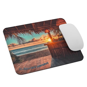 May include: A beach bar with a thatched roof and a wooden bar counter. The bar is located on a beach with a sunset in the background. The text "It's five o'clock somewhere" is written on the floor.