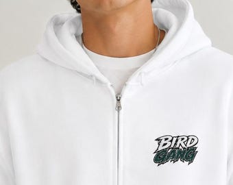 Bird Gang Hoodie, White Zip Up Embroidered Philly Football Sweatshirt, Philadelphia Game Day Jacket, Eagles Fan Tailgate Gift for Him