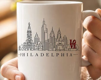 Philadelphia Skyline Mug, Philly LOVE Statue Coffee Cup, City of Brotherly Love Gift, Minimalist Line Art Mug, Philadelphia Souvenir for Her