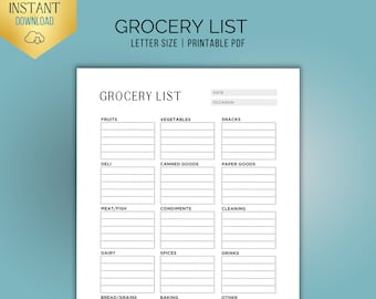 Grocery List Printable, Grocery List, Grocery List Template, Food Shopping List, Letter Size, Instant Download PDF