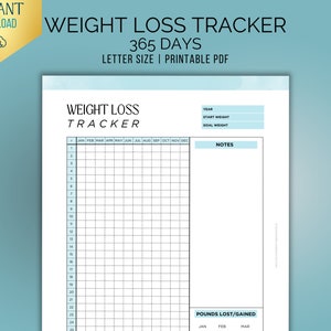 365 Day Weight Tracker Printable, Daily Weight Journal, Weight Loss Tracker, Weight Log, Letter, Instant Download