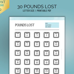 30 funtów utraconej wagi do druku, śledzenie utraty wagi, dziennik utraty wagi, cel wagowy, LIST, natychmiastowe pobieranie pliku PDF