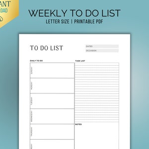 Weekly To Do List Printable, Weekly Task List Template, Weekly Planner, Wedding Checklist, Letter Size, Instant Download PDF,