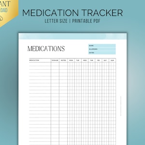 Medication Tracker. Medication List and Medication Log. Medication Organizer. Medication Chart. Supplement Tracker. Pill Tracker