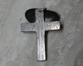 Handmade Damasteel Cross Necklace - Large.  Sterling Silver and Stainless Damascus steel. Great unique gift idea.