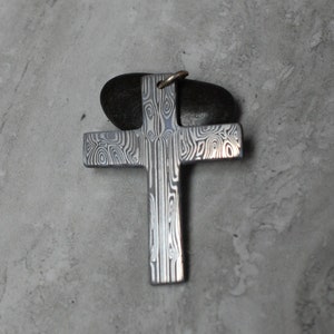 Handmade Damasteel Cross Necklace - Large.  Sterling Silver and Stainless Damascus steel. Great unique gift idea.