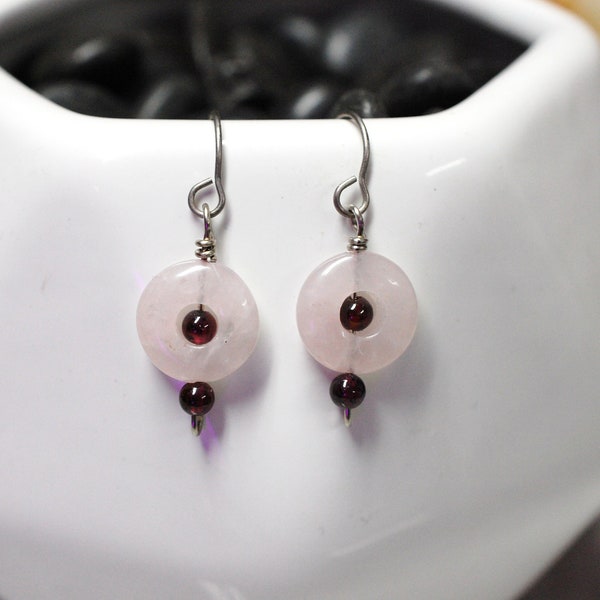 Garnet and Rose Quartz earrings.  Delicate and Lightweight Gemstone Earrings.  Perfect Gift for Her