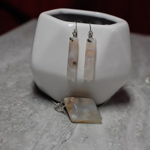 Cherry Blossom Agate Necklace and Earring Set.  Beautiful Pink stone set in Sterling Silver. Unique.