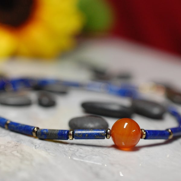 Egyptian inspired Lapis Lazuli Carnelian and Pyrite Beaded Necklace.  20 inch.