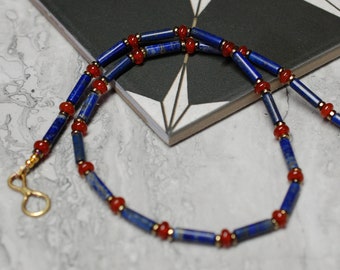 Egyptian inspired Lapis Lazuli Carnelian and Pyrite Beaded Necklace.  20 inch.