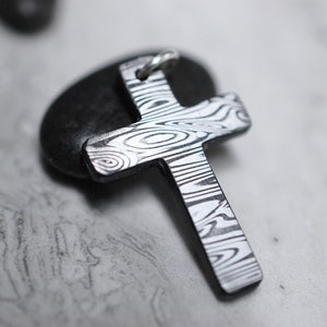 Handmade Damasteel Cross Necklace - Small.  Sterling Silver and Stainless Damascus steel. Great unique gift idea.